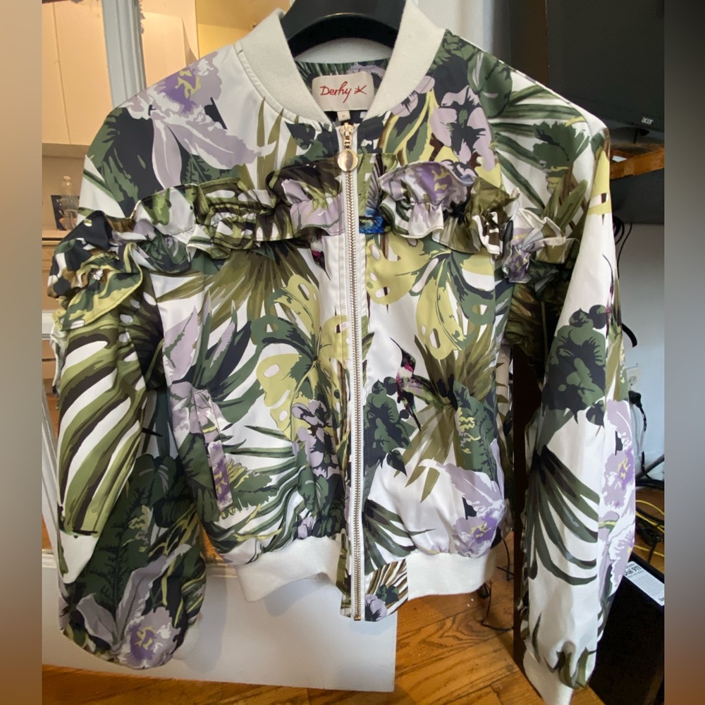 Derhy Tropical Palm Tree Print Bomber Jacket - Size Small